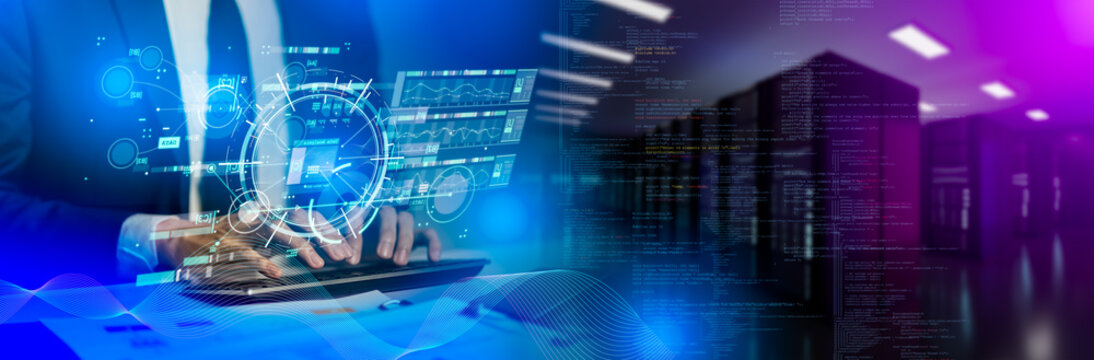 cloud computing,Digital technology,data exchange and futuristic technology concept.Businessman working modern computer Document Management System (DMS) on server.Laptop with cloud computing diagram. - Powered by Adobe