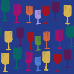 Hand drawn wineglasses seamless pattern. Alcohol drink related. Colorful stock illustration in vintage palette. For all over print, fashion fabric, textile, wrapping, wallpaper, any surfaces.