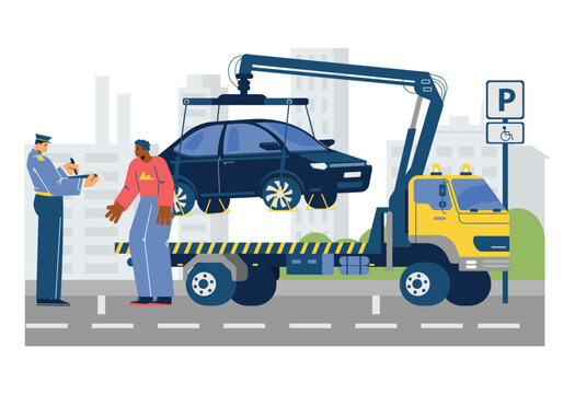 Tow truck evacuates car for improper parking flat vector illustration isolated.