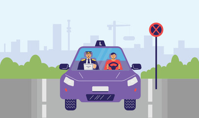 Driving school student and instructor in car flat vector illustration.