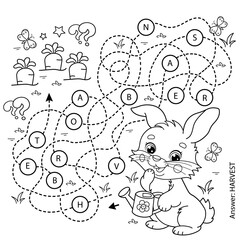 Maze or Labyrinth Game. Puzzle. Coloring Page Outline Of cartoon cute bunny or rabbit with a watering can and with carrot and cabbage. Coloring Book for kids.