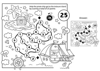 Math addition game. Puzzle for kids. Maze. Coloring Page Outline Of cartoon pirate ship with treasure island. Coloring Book for children.