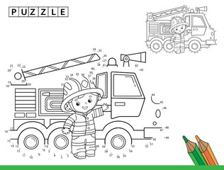 Puzzle Game for kids: numbers game. Coloring Page Outline Of cartoon fire truck with fireman or firefighter. Coloring Book for children.