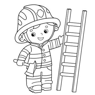 Coloring Page Outline Of cartoon fireman or firefighter with a fire extinguishing ladder. Profession. Coloring Book for kids.