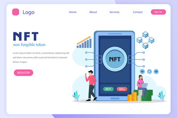 NFT non fungible token, digital crypto art blockchain technology, flat vector illustration,