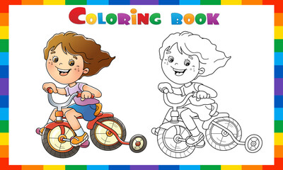 Coloring Page Outline Of a cartoon fun girl on a bicycle or bike. Outdoor games on playground. Summer activity. Coloring book for kids
