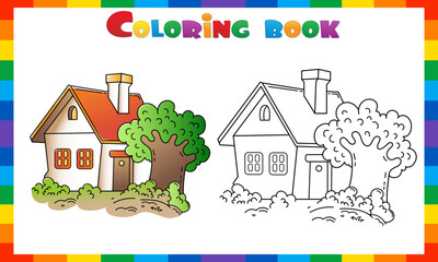 Coloring Page Outline Of cartoon cute village home. Country house. Summer cottage. Coloring Book for kids.