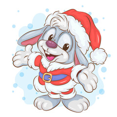 Christmas Cartoon Bunny. A cartoon illustration of a Christmas bunny wearing a Santa Claus hat and fur coat, paws spread in greeting. 