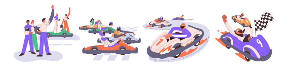 Kart racing in go-karts set. Racers, drivers in helmets driving fast gokart vehicles. People and extreme road track sport in gocart autos. Flat vector illustrations isolated on white background