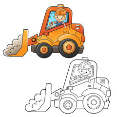 Coloring Page Outline Of cartoon bulldozer with worker. Construction vehicles. Coloring book for kids. © oleon17