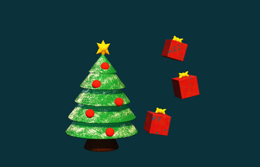 christmas tree with red balls and three gift packages illustration 3D render