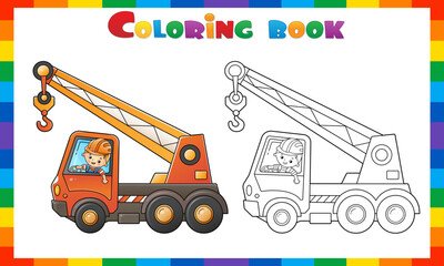 Coloring Page Outline Of cartoon truck crane with worker. Construction vehicles. Coloring book for kids.