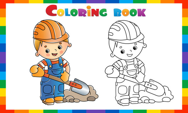 Coloring Page Outline of cartoon builder or worker with shovel. Profession. Coloring book for kids.