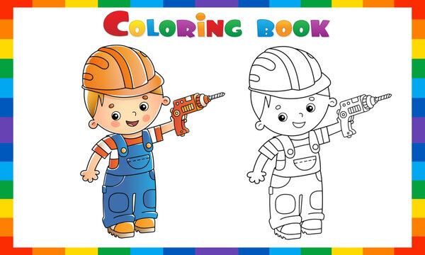 Coloring Page Outline of cartoon builder or worker with drill. Profession. Coloring book for kids.
