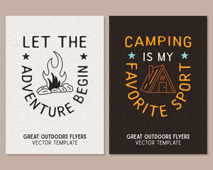 Camping flyer templates. Travel adventure posters set with line art and flat emblems and quotes - Let the adventure begin. Summer A4 cards for outdoor parties. Stock