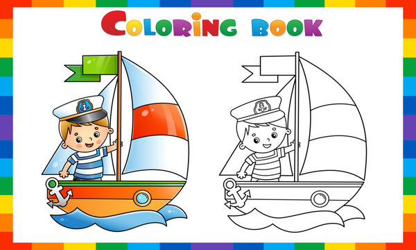 Coloring Page Outline Of cartoon sail ship with sailor. Images of transport for children. Coloring book for kids