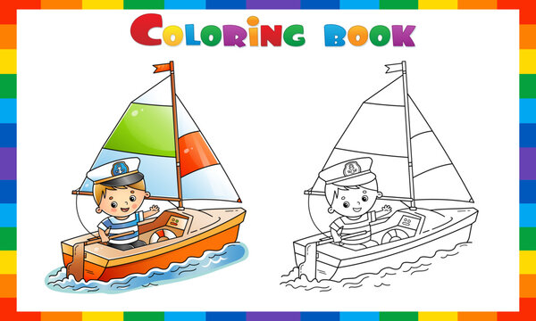 Coloring Page Outline Of cartoon sail ship with sailor. Images of transport for children. Coloring book for kids