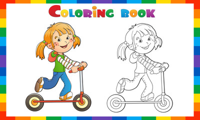 Coloring Page Outline Of cartoon girl on the scooter. Summer activity. Coloring book for kids