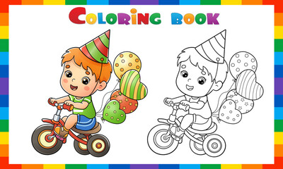 Coloring Page Outline Of a cartoon boy riding a Bicycle or bike with a balloons. Birthday. Coloring book for kids