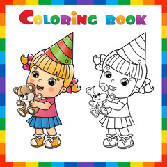 Coloring Page Outline Of cartoon girl with a teddy bear at the holiday. Birthday. Coloring book for kids