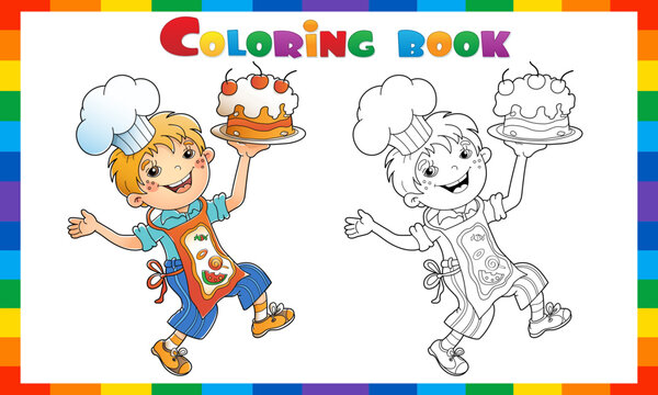 Coloring page outline of cartoon boy chef with cake or pie. Little cook or scullion in apron and chef hat. Profession. Coloring Book for kids.