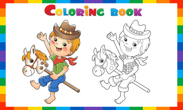 Coloring Page Outline Of cartoon Boy playing cowboy with toy horse. Coloring book for kids.
