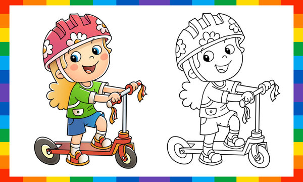 Coloring Page Outline Of cartoon girl on the scooter. Summer activity. Coloring book for kids
