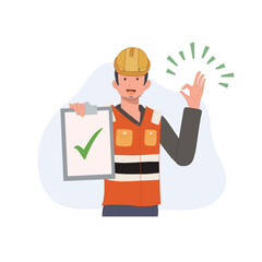 Male engineer wear safety helmet showing listboard with check mark and doing OK hand sign gesture. Quality Approval concept. Vector illustration