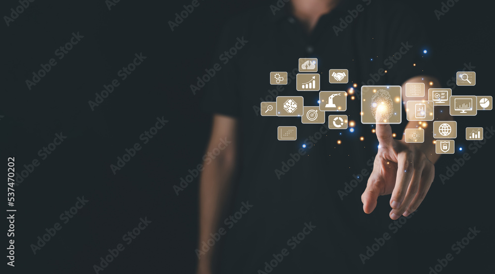 Poster man touching futuristic digital processing of biometric identification fingerprint scanner for acces