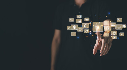 Man touching futuristic digital processing of biometric identification fingerprint scanner for access personal financial data. surveillance and security scanning of digital programs cyber futuristic