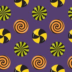 Halloween swirl sweet candies, round lollipops, bonbons seamless pattern.