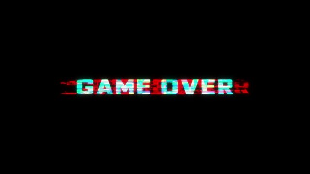 Looped GAME OVER animation with glitch effect isolated on black background. Glitch GAME OVER video game screen. Cyberpunk GAME OVER text with RGB distortion effect.