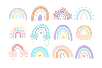 Pastel boho rainbows set. Scandinavian print for baby shower, nursery, playroom, birthday, children's party and other.