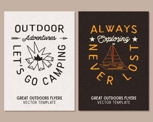 Camping flyer templates. Travel adventure posters set with line art and flat emblems and quotes - lets go camp. Summer A4 cards for outdoor parties. Stock