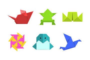 Origami or Paper Folding with Sculpture and Figures Made of Flat Square Sheet of Paper Vector Set