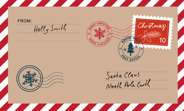 Christmas envelope with stamps, seals and inscriptions to santa claus.