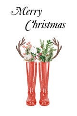 Watercolor Christmas wellies with fir branches and flowers. Xmas green and red rain boots for wellington rain boots picture gifts. Holiday invitation with welly boots and pine tree branches.