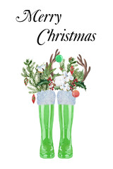 Watercolor Christmas wellies with fir branches and flowers. Xmas green and red rain boots for wellington rain boots picture gifts. Holiday invitation with welly boots and pine tree branches.