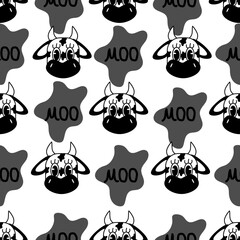 Seamless pattern with the image of a cows head, spots and inscription moo. Print for a pack of milk. Print for the milk advertising banner.