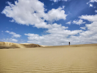 Fototapeta na wymiar Te Paki sand dunes in Northland, New Zealand. Person walking in distance.