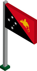 Papua New Guinea Flag on Flagpole in Isometric dimension.