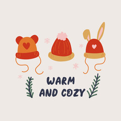 Set of warm winter hats, with bunny ears. Cute doodle style. Outerwear seasonal illustration