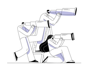 Top managers of companies look through a telescope and binoculars. Vector illustration on the topic of finding new markets or strategic planning.