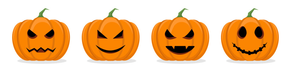 Pumpkins faces set. Autumn halloween holiday. Carton orange pumpkin isolated on white background. Vector design element.