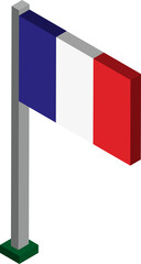 France Flag on Flagpole in Isometric dimension.