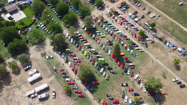 Aerial Classic Muscle Car Show Low Rotating View Of Antique Beauties 4K