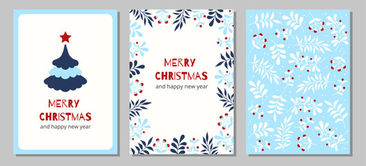 Set of christmas and happy new year greeting cards with Christmas tree, floral frames and backgrounds.