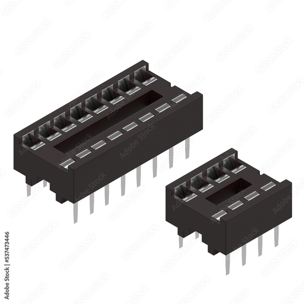 Poster 3d rendering illustration of integrated circuits dip sockets