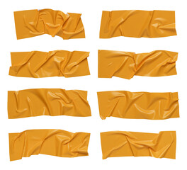 Fototapeta na wymiar Yellow wrinkled adhesive tape isolated on white background. Yellow Sticky scotch tape of different sizes. 