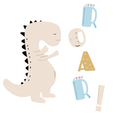 Vector hand-drawn dinosaur. Cute dinosaur poster. Children's poster on the wall. Cute colored child's drawing.